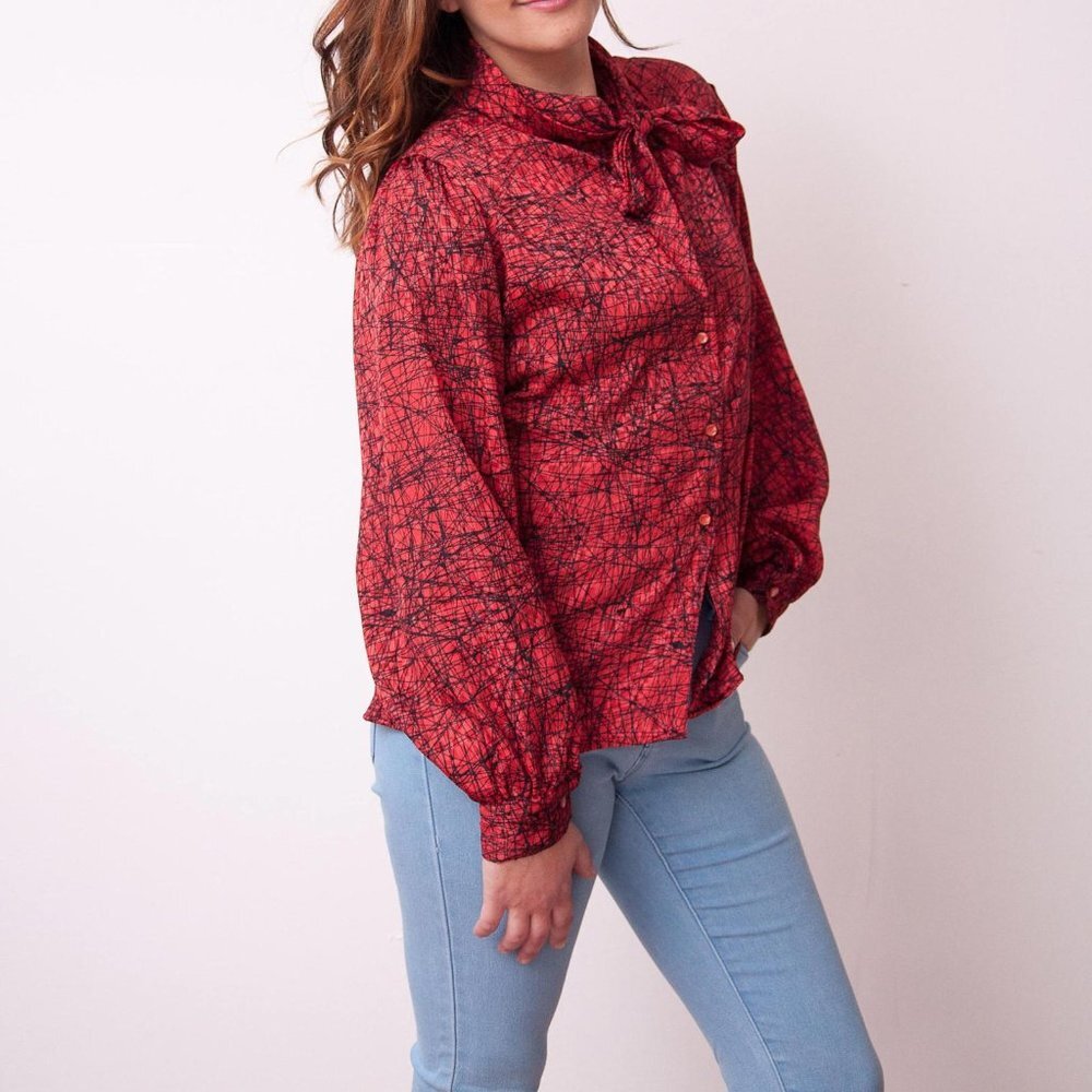 Vintage Red Long Sleeve Blouse, Black Abstract Print, 1980s Shiny Bow